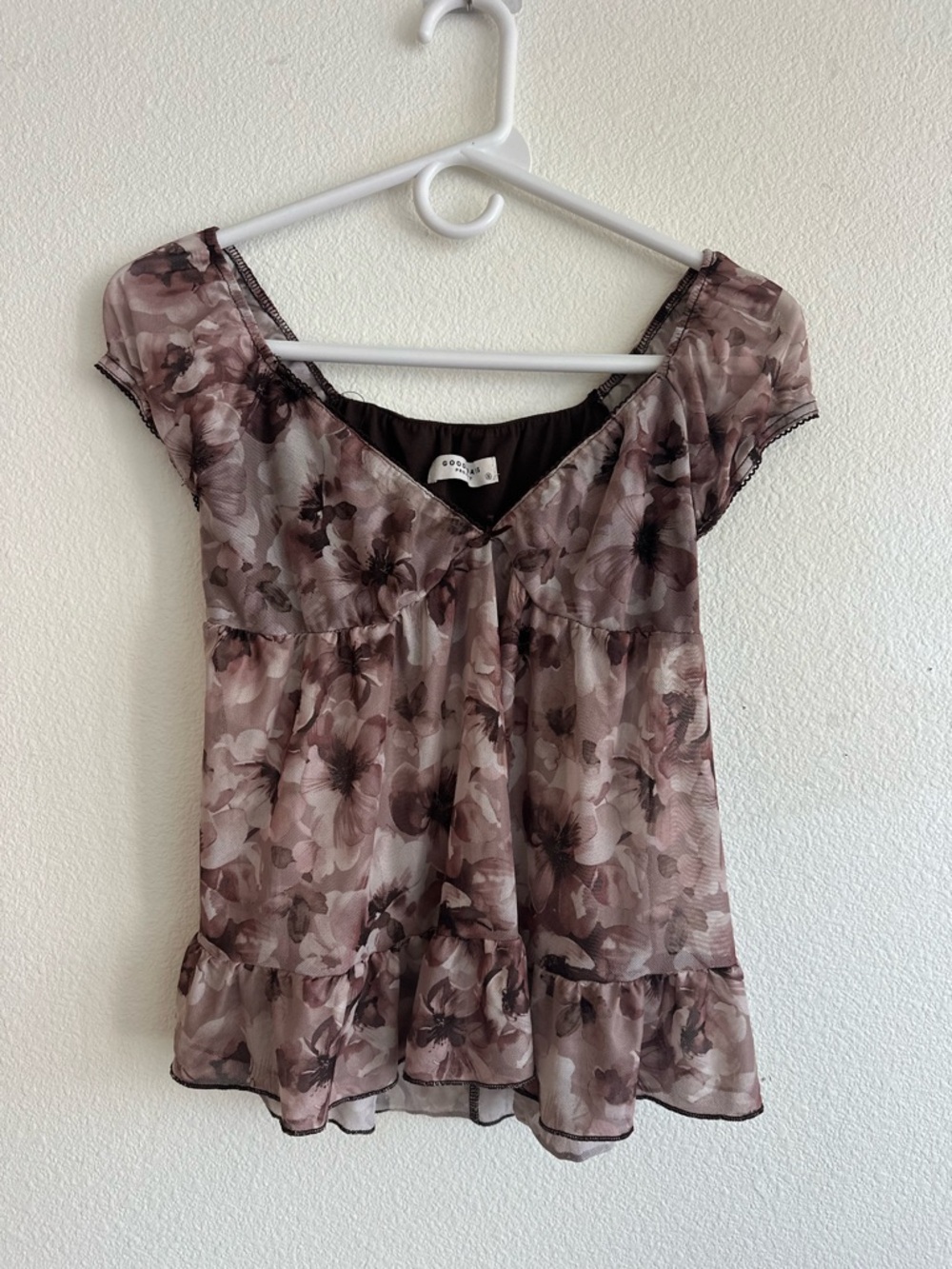 Floral Sheer Cap-Sleeve Blouse in Dusty Mauve